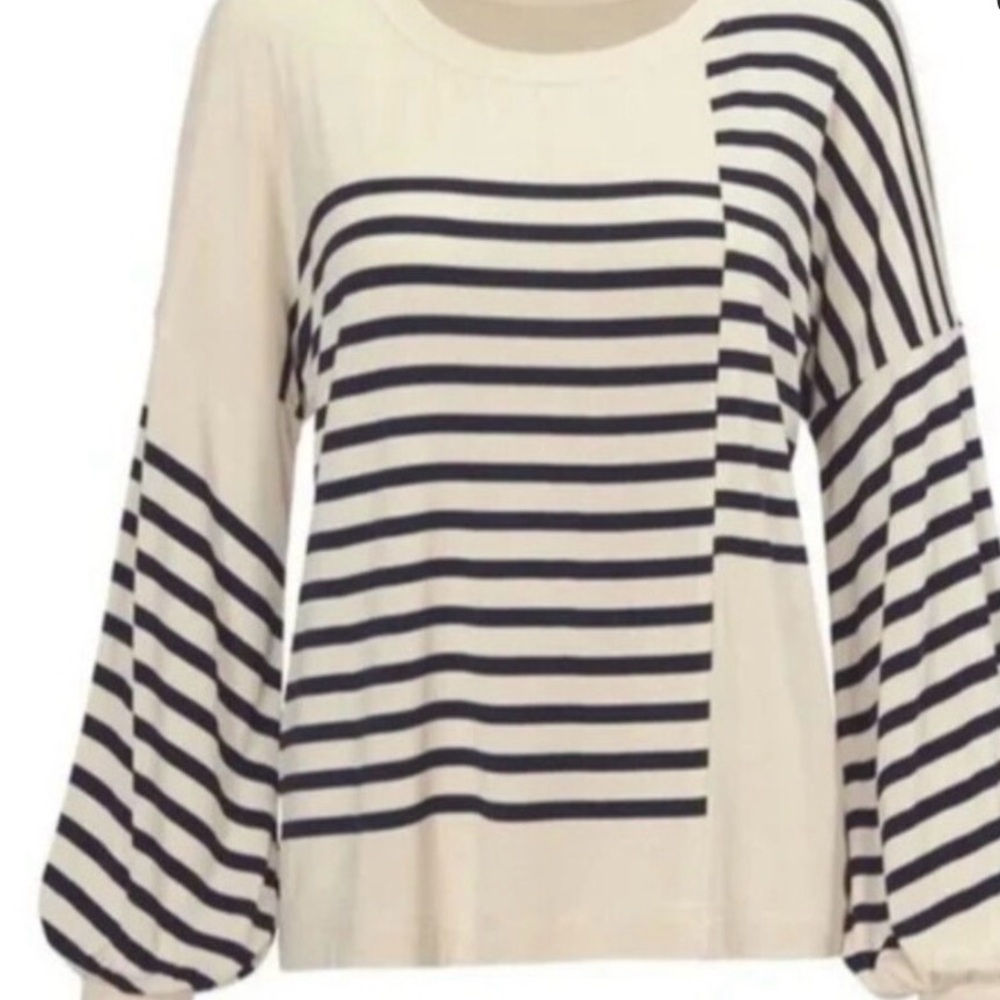 CAbi Cream & Navy Striped Balloon-Sleeve Crewneck Top